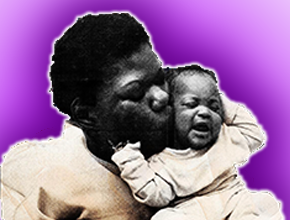 An old-school photo of a Black disabled mother kissing her child. They are surrounded by a purple halo. The mother is Celestine Tate Harrington.