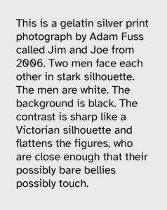 This is an image of a text. The text is black and the background is light grey. The text fills the entire image and says the following: "This is a gelatin silver print photograph by Adam Fuss called Jim and Joe from 2006. Two men face each other in stark silhouette. The men are white. The background is black. The contrast is sharp like a Victorian silhouette and flattens the figures, who are close enough that their possibly bare bellies possibly touch."