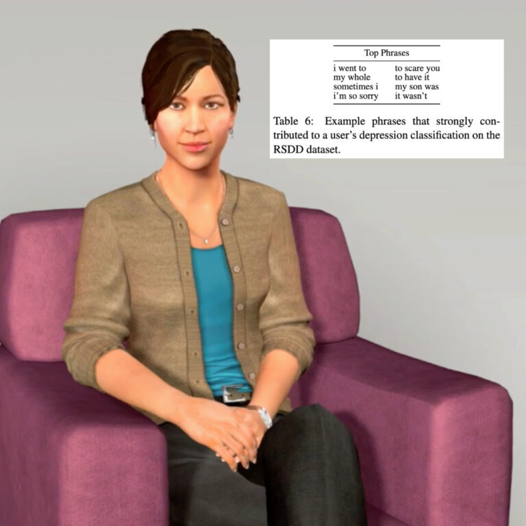 An avatar of a clinician sitting on a purple velvet arm chair, with her hands on top of each other over her lap, looking directly into your soul. To her right, there is a white image against the grey wall--almost as if it's an artwork, which says "Top Phrases" in the header of a table, with the body being "i went to my whole sometimes i i'm so sorry to scare you to have it my son was it wasn't". Below it, there is more text, "Table 6: Example phrases that strongly contributed to a user's depression classification on the RSDD dataset.”